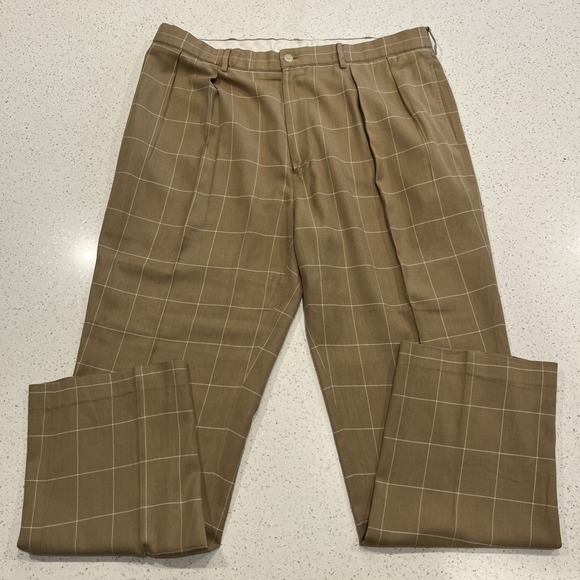 Polo Ralph Lauren Other - Polo Golf  Pants Mens 38/33 Brown Windowpane Pleated Wool Silk Cotton